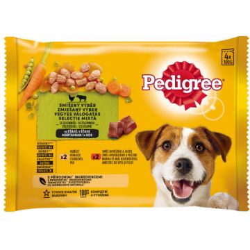 PEDIGREE Pachet plicuri pentru câini Adulţi, cu Pui, Vită şi Legume 4x100g