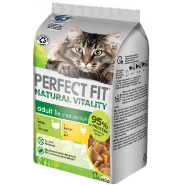 PERFECT FIT MULTIPACK Hrană umedă pentru pisici, cu Pui şi Curcan 6x50g