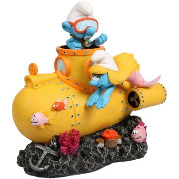 OUTLET ŞTRUMFI Decoraţiune pentru acvarii, Ştrumfi cu Submarin, 15,8x10,8x16cm