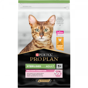 PRO PLAN® STERILISED DELICATE DIGESTION Adult 1+, bogat în pui, hrană uscată pentru pisici, 10 kg