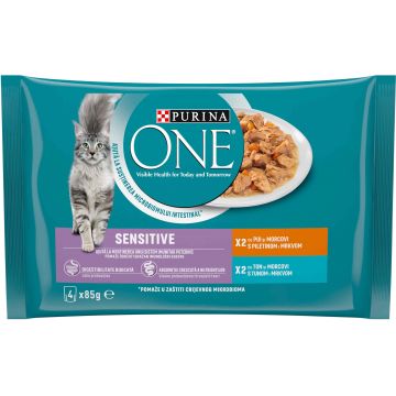 PURINA ONE Hrană umedă pentru pisici Adulte, Mini Fileuri In Sos, Pui si Ton 85g