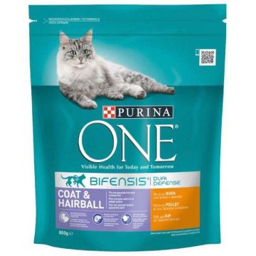 PURINA ONE Hrană uscată pentru pisici Adulte COAT & HAIRBALL, cu Pui 800g