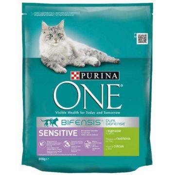 PURINA ONE Hrană uscată pentru pisici Adulte SENSITIVE, cu Curcan şi Orez 800g