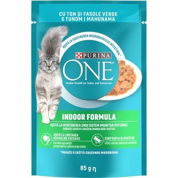 PURINA ONE INDOOR, cu Ton si Fasole Verde, Mini Fileuri in Sos 85g