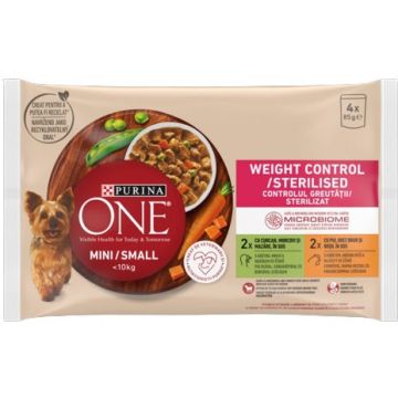 PURINA ONE Mini Hrană umedă pentru câini, controlul greutatii,Curcan  4x85g
