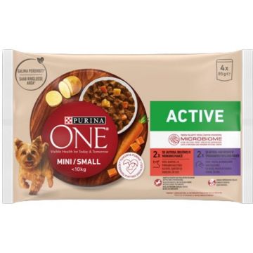 PURINA ONE Mini Hrană umedă pentru câini, cu Vita si Cartofi 4x85g