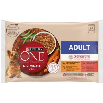 PURINA ONE Mini Hrană umedă pentru câini Pui/Vită, 4x85g