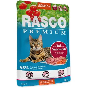 RASCO Premium Plic pentru pisici adulte, cu Viţel, Roşii şi Ierburi 85g