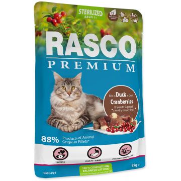 RASCO Premium Sterilized Plic pentru pisici adulte, cu Raţă şi Merişoare 85g