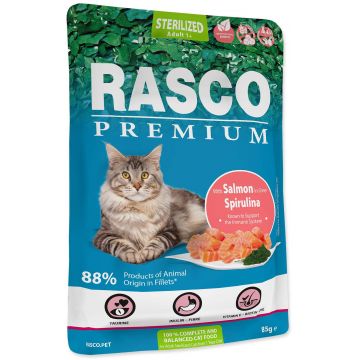 RASCO Premium Sterilized Plic pentru pisici adulte, cu Somon şi Spirulină 85g