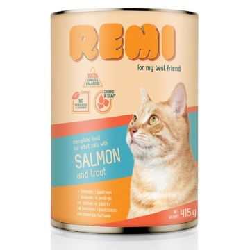 REMI Conservă pentru pisici adulte, cu Somon şi Păstrăv 415g