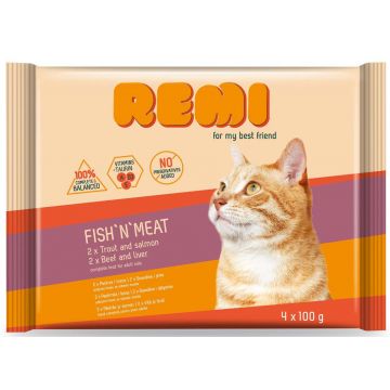 REMI Pachet plicuri pentru pisici adulte, cu Vită/Ficat, Păstrăv/Somon 4x100g