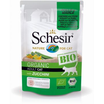 SCHESIR BIO Plic hrană umedă pentru pisici, cu Pui, Porc şi Zucchini 85g
