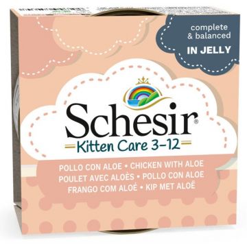 SCHESIR KITTEN Care 3-12 Conservă pentru pisicuţe, cu Pui şi Aloe 85g