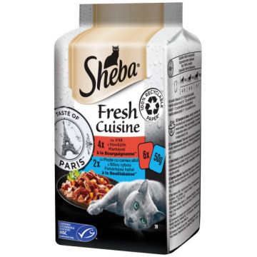 SHEBA Fresh Cuisine plicuri selecţii de Vită şi Peşte, pentru pisici 6x50g