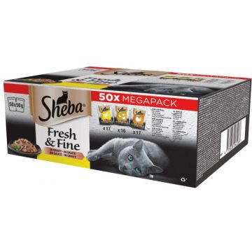 SHEBA Fresh&Fine plicuri Mini selecţii de Pasăre, pentru pisici adulte 50x50g