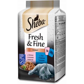 SHEBA Fresh&Fine plicuri Mini selecţii de Peşte, pentru pisici adulte 6x50g