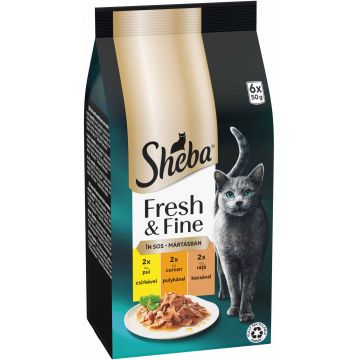 SHEBA Fresh&Fine plicuri Mini selecţii de Pui, Curcan si Raţă 6x50g