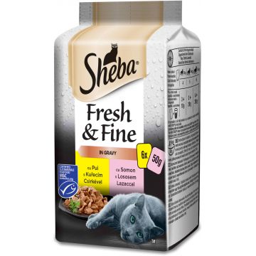SHEBA Fresh&Fine plicuri Mini selecţii Pasăre şi Peşte, pt pisici adulte 6x50g
