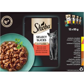 SHEBA Pachet plicuri pentru pisici, Pui&Vită, Pui, Miel, Raţă şi Curcan 12x85g