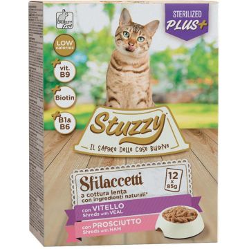 STUZZY Sfilacetti Pachet plicuri pentru pisici sterilizate Viţel/Şuncă 12x85g
