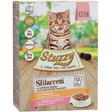 STUZZY Sfilacetti Pachet plicuri pentru pisicuţe, KITTEN cu Pui şi Şuncă12x85g