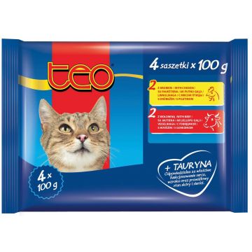 TEO Pachet plicuri pentru pisici Adulte, cu Pasăre şi Vită 4x85g