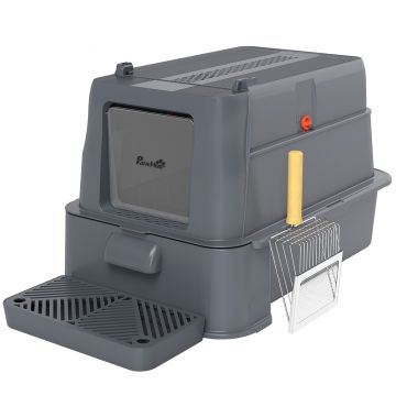 PawHut Litieră Închisă de 80L pentru Pisici cu Tavă Detașabilă, în ABS și Oțel Inoxidabil, 63x43x43 cm, Gri Închis | Aosom Romania