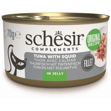 SCHESIR Conservă hrană complementară pentru pisici, cu Ton/Calamar, în jeleu 70g