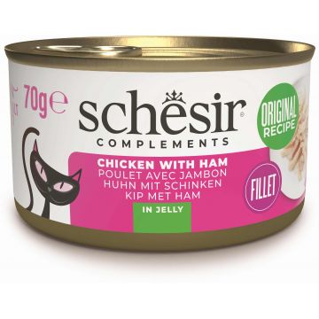 SCHESIR Conservă pentru pisici, cu Pui şi Şuncă, în jeleu 70g