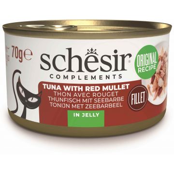 SCHESIR Conservă pentru pisici, cu Ton şi Barbun, în jeleu 70g