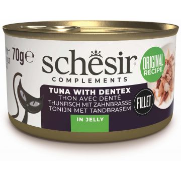SCHESIR Conservă pentru pisici, cu Ton şi  Dinţat, în jeleu 70g
