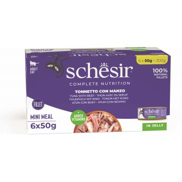SCHESIR Pachet conserve pentru pisici, cu Ton şi Vită, în jeleu 6x50g