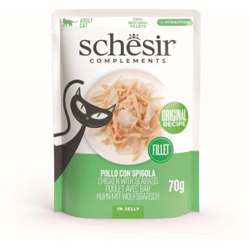 SCHESIR Plic hrană umedă pentru pisici, cu Pui şi  Biban de mare, în jeleu 70g