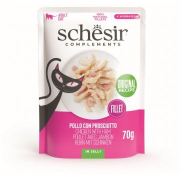 SCHESIR Plic hrană umedă pentru pisici, cu Pui şi Şuncă, în jeleu 70g