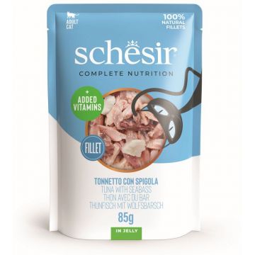 SCHESIR Plic hrană umedă pentru pisici, cu Ton şi Biban, în jeleu 85g