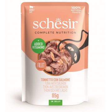 SCHESIR Plic hrană umedă pentru pisici, cu Ton şi Somon, în jeleu 85g