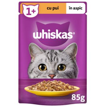 WHISKAS Plic hrană umedă pentru pisici Adulte, cu Pui în aspic 85g