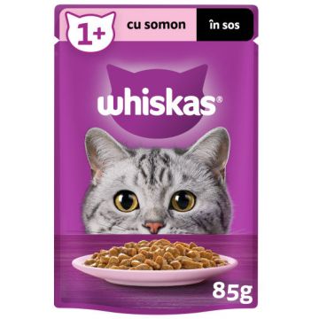 WHISKAS Plic hrană umedă pentru pisici Adulte, cu Somon în sos 85g