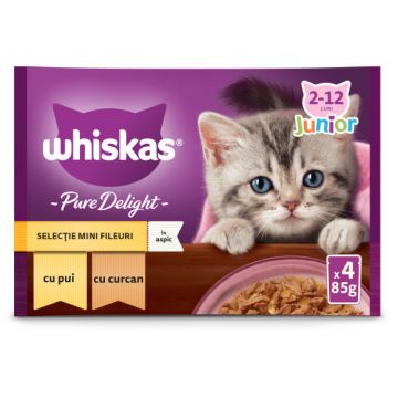 WHISKAS Pure Delight JUNIOR Mix plicuri pisicuţe, cu Pui/Curcan în aspic4x85g