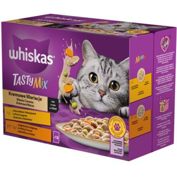 WHISKAS Tasty Mix Creamy Creation plicuri hrană umedă pisici Adulte 12x85g