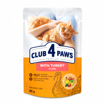 Club 4 Paws, Hrana umeda pisici, curcan in jeleu, 24x85g