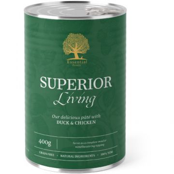 Hrana umeda pentru caini adulti Conserva Essential Pate Superior Living cu Raţă şi Pui 400g