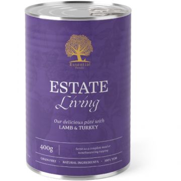 Hrana umeda pentru caini Conserva Essential Estate Living cu Miel şi Curcan 400g