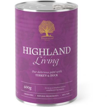 Hrana umeda pentru caini Conserva Essential Pate Highland Living Curcan şi Raţă 400g