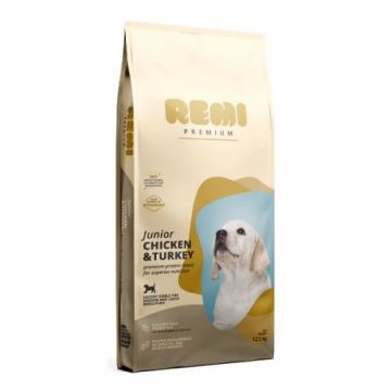 Hrana Uscata Caini, Remi Premium Junior Medium-Large Breed cu Pui si Curcan, 12.5 kg