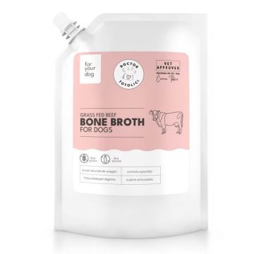 Supa de oase de vita organica pentru caini Doctor Totolici, cu dop resigilabil, 350 ml
