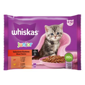 Whiskas Plic Junior Selectii Vita/Pui 4×85 G