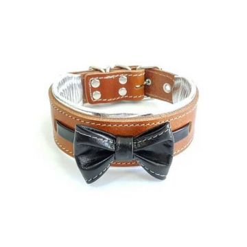 Bestia Zgarda Bowtie-Papion, Piele Naturala, S, Maro/ Negru