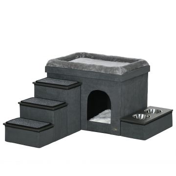 PawHut Casă pentru pisici, cușcă pentru pisici, grotă pentru pisici, 3 trepte pentru animale, 2 boluri de hrănire, 70 x 50 x 51 cm, Gri | Aosom Romania
